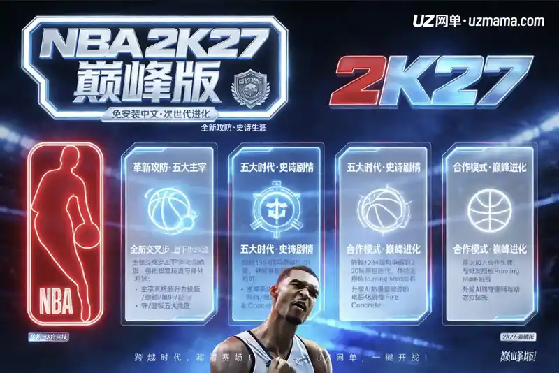 《NBA 2K27巅峰版》v20260827 免安装中文版：交叉步上下步+动态上篮，MyCAREER横跨五个传奇时代